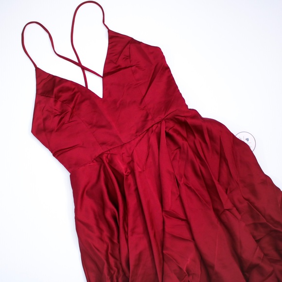 Burgundy Lace Up Back High Low Satin Maxi Dress - Picture 6 of 8
